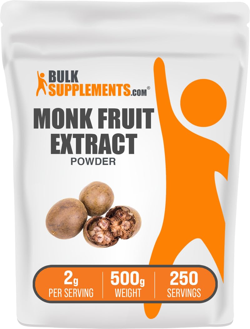 BulkSupplements Monk Fruit Extract Powder – Luo Han Guo, 500g, 250 Servings, Gluten Free, No Erythritol