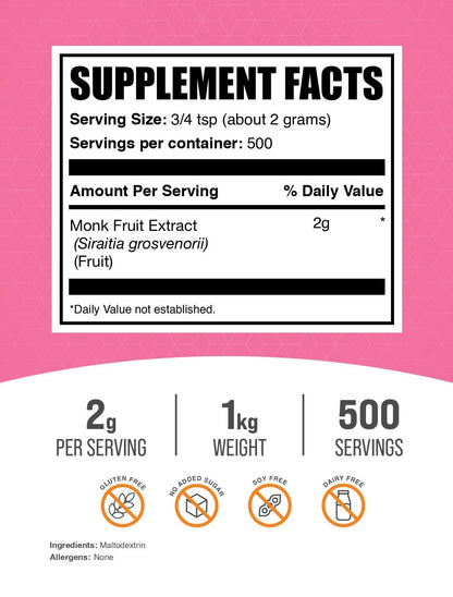 BulkSupplements Monk Fruit Extract Powder – Luo Han Guo, 1 kg, 500 Servings, Gluten Free, No Erythritol, 2 g/Serving