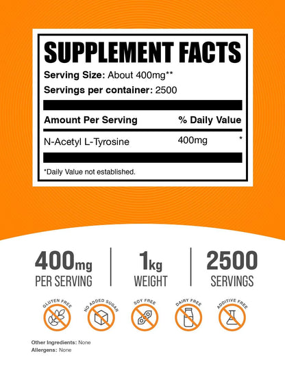 N-Acetyl L-Tyrosine Powder (NALT) – 400 mg/Serving, 1 kg, Unflavored | BulkSupplements