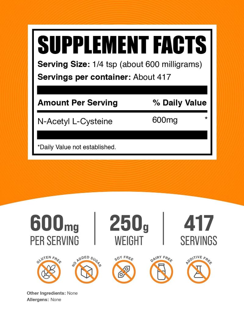 NAC Powder 600mg (N-Acetyl Cysteine), 250g | 417 Servings – Gluten Free | BulkSupplements
