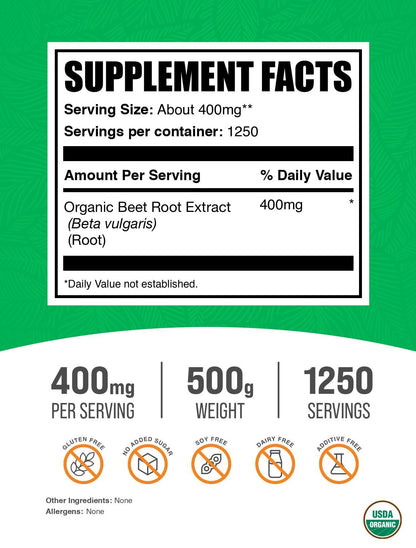 BulkSupplements Organic Beet Root Extract Powder – 400mg per Serving, 500g | Vegan & Gluten Free