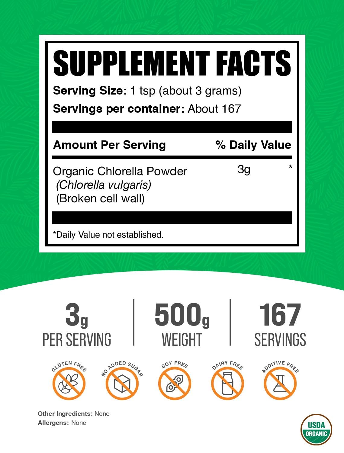 BulkSupplements Organic Chlorella Powder – Broken Cell Wall, Gluten Free, 500g