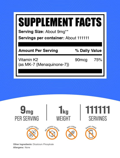 Vitamin K2 MK-7 Powder – 9 mg/Serving, 1kg | Gluten Free