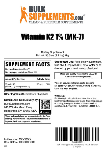 Vitamin K2 MK-7 Powder – 9 mg/Serving, 1kg | Gluten Free