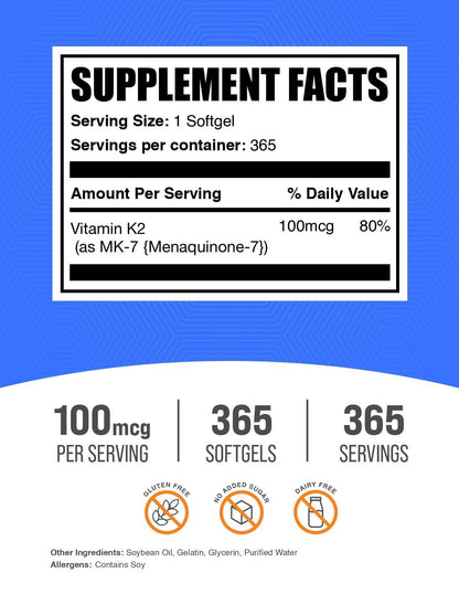 BulkSupplements Vitamin K2 MK7 Softgels – Gluten Free, 365 Count, 1 Softgel Serving