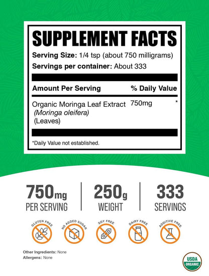 BulkSupplements Organic Moringa Extract Powder – 750mg per Serving, 250g | Vegan & Gluten Free