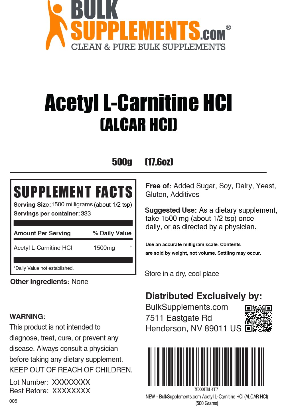 BulkSupplements Acetyl L-Carnitine Powder (ALCAR HCl) – 1.5 g Serving, 500 g, Gluten Free