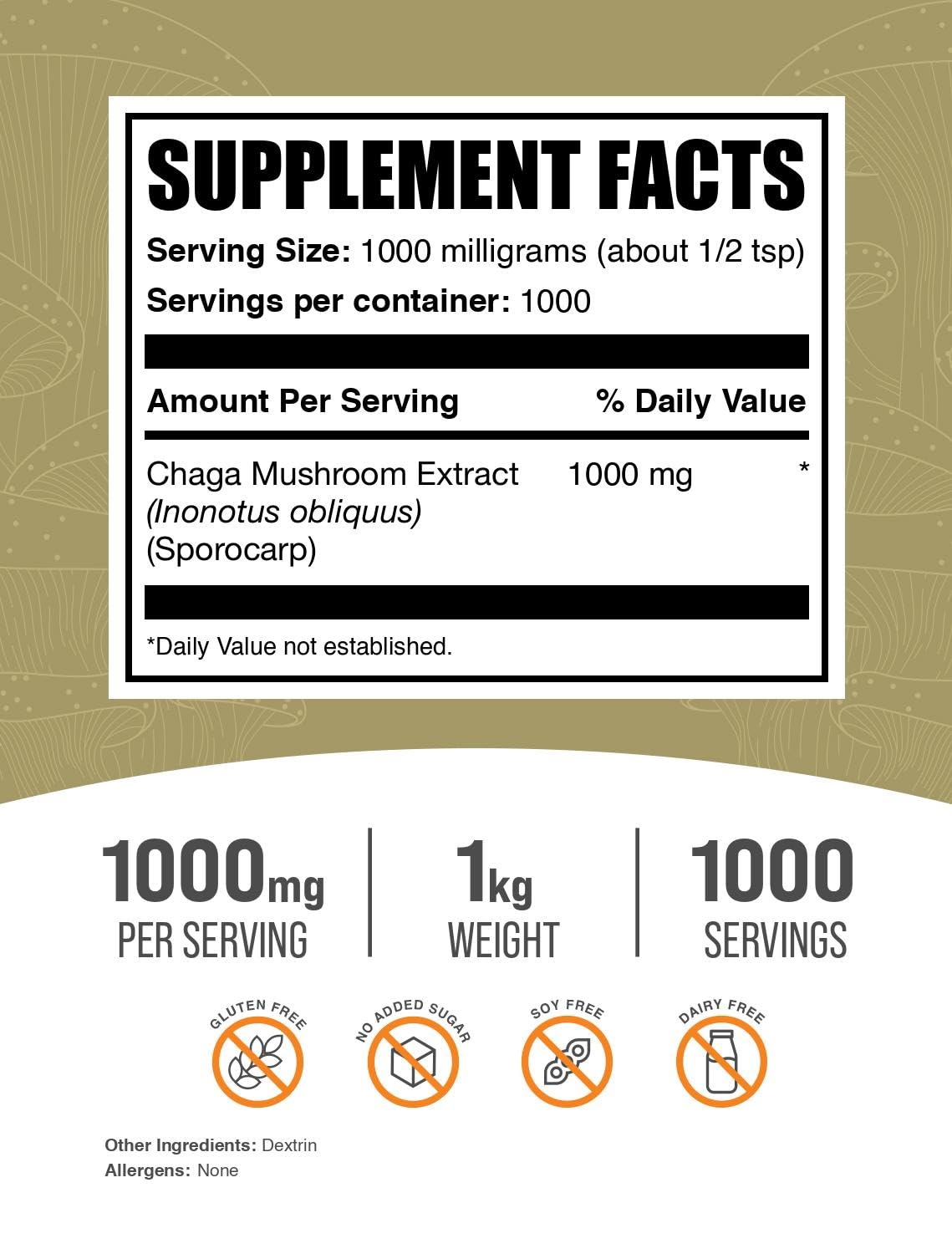 BulkSupplements.com Chaga Mushroom Extract Powder – Gluten Free, 1 g per Serving, 1 kg