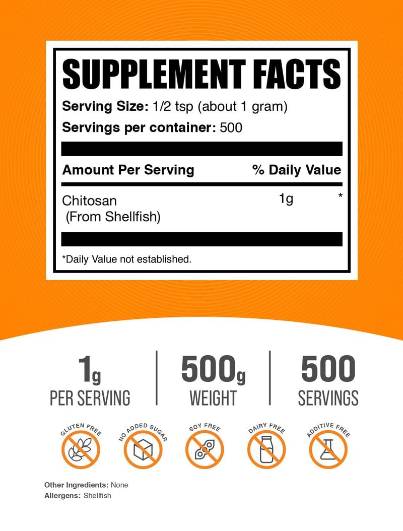 BulkSupplements Chitosan Powder – Gluten Free Fiber Supplement, 1g/Serving, 500g