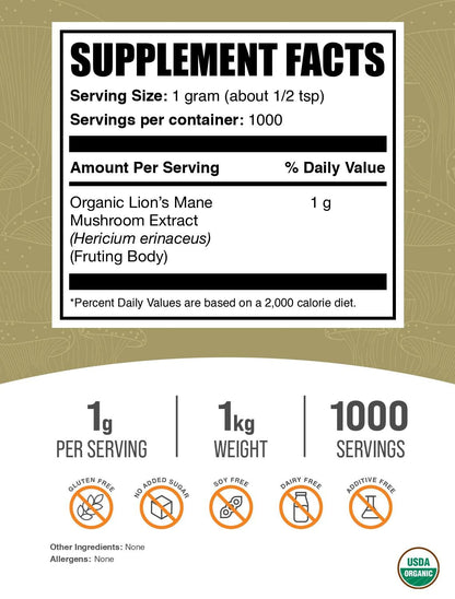 BulkSupplements Organic Lion's Mane Mushroom Extract Powder | Vegan, 1g/Serving, 1kg