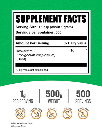 BulkSupplements Resveratrol Powder – 500g, Gluten Free, 1g per Serving
