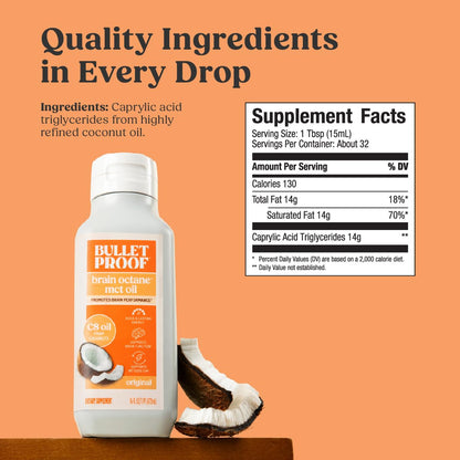 Bulletproof Brain Octane C8 MCT Oil 16oz | Premium Keto Energy for Brain & Body