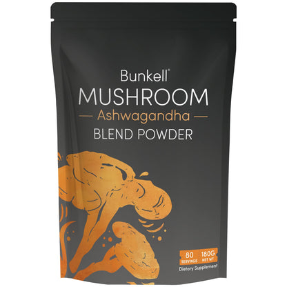 Bunkell Ashwagandha Mushroom Powder | 10-Mushroom Adaptogenic Complex for Energy, Focus & Immune Support | 80 Servings