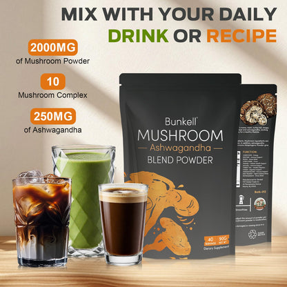 Bunkell Ashwagandha Mushroom Powder, Adaptogenic 10 Mushrooms Complex w/ashwagandha - Lion's Mane, Reishi, Chaga & Maitake - Adaptogens Powder for Energy, Cognitive & Immune Support, 40 Servings