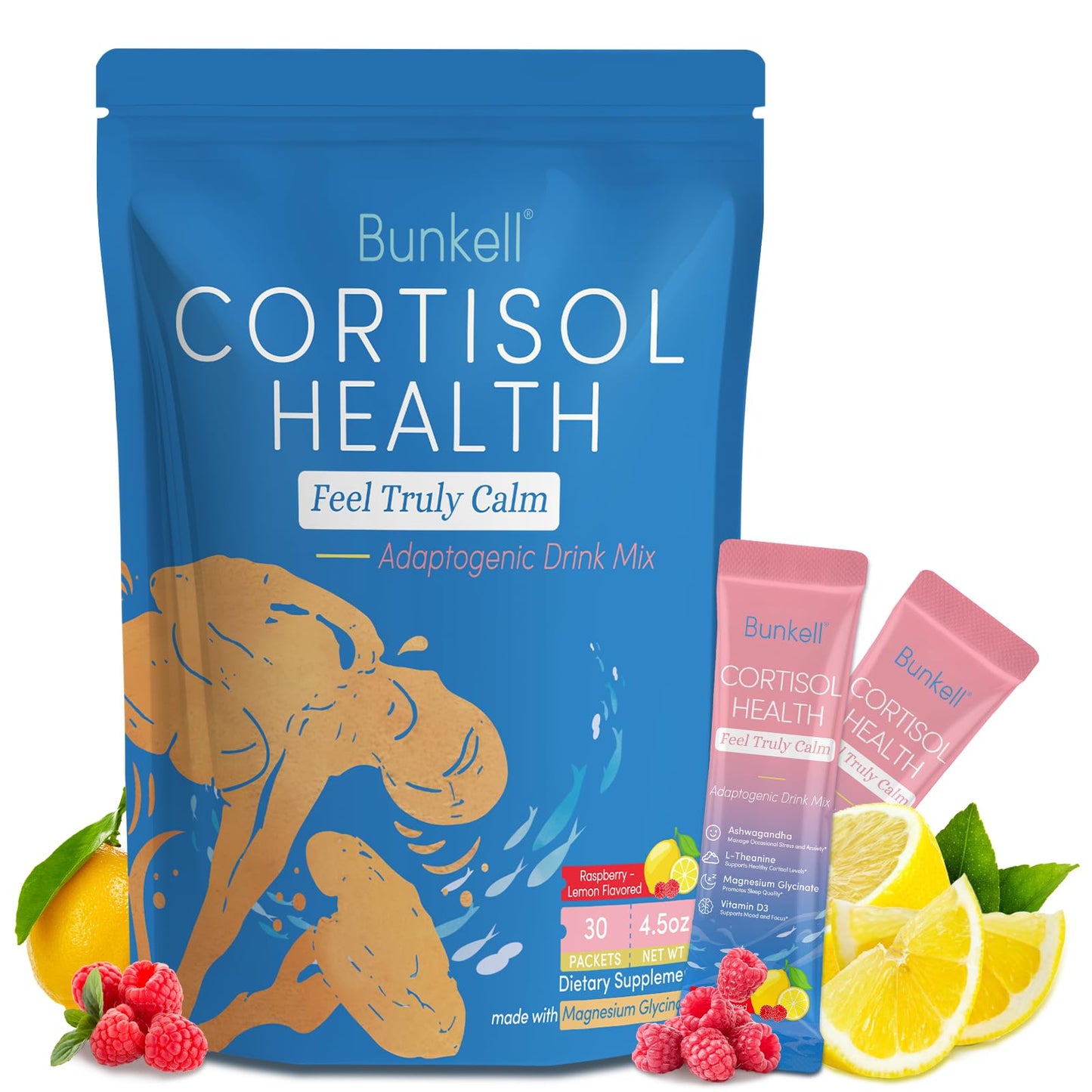 Bunkell Cortisol Powdered Drink Mix – Magnesium Glycinate, L-Theanine, Ashwagandha, Vitamin D3 (Raspberry Lemonade) 30 Ct