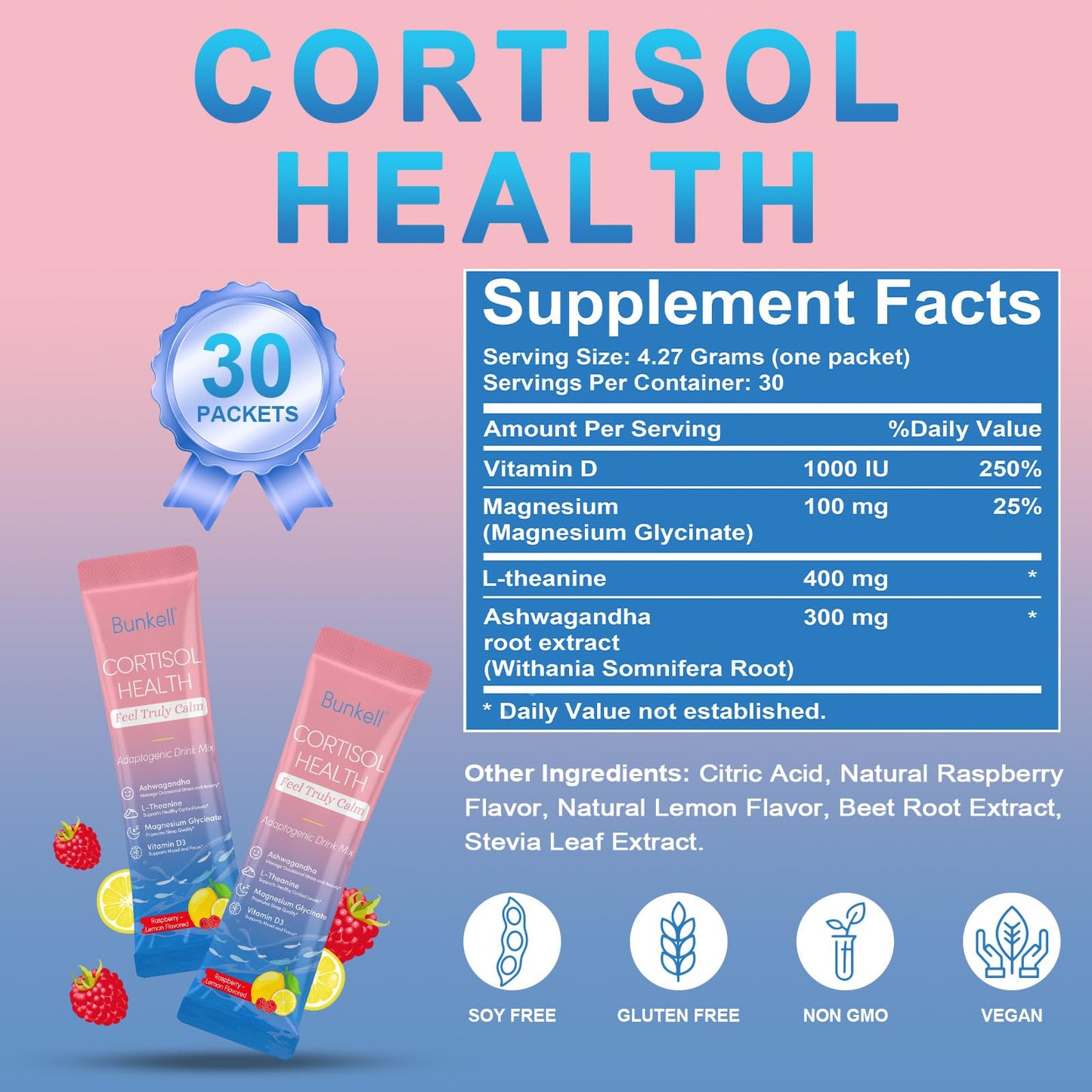 Bunkell Cortisol Powdered Drink Mix – Magnesium Glycinate, L-Theanine, Ashwagandha, Vitamin D3 (Raspberry Lemonade) 30 Ct