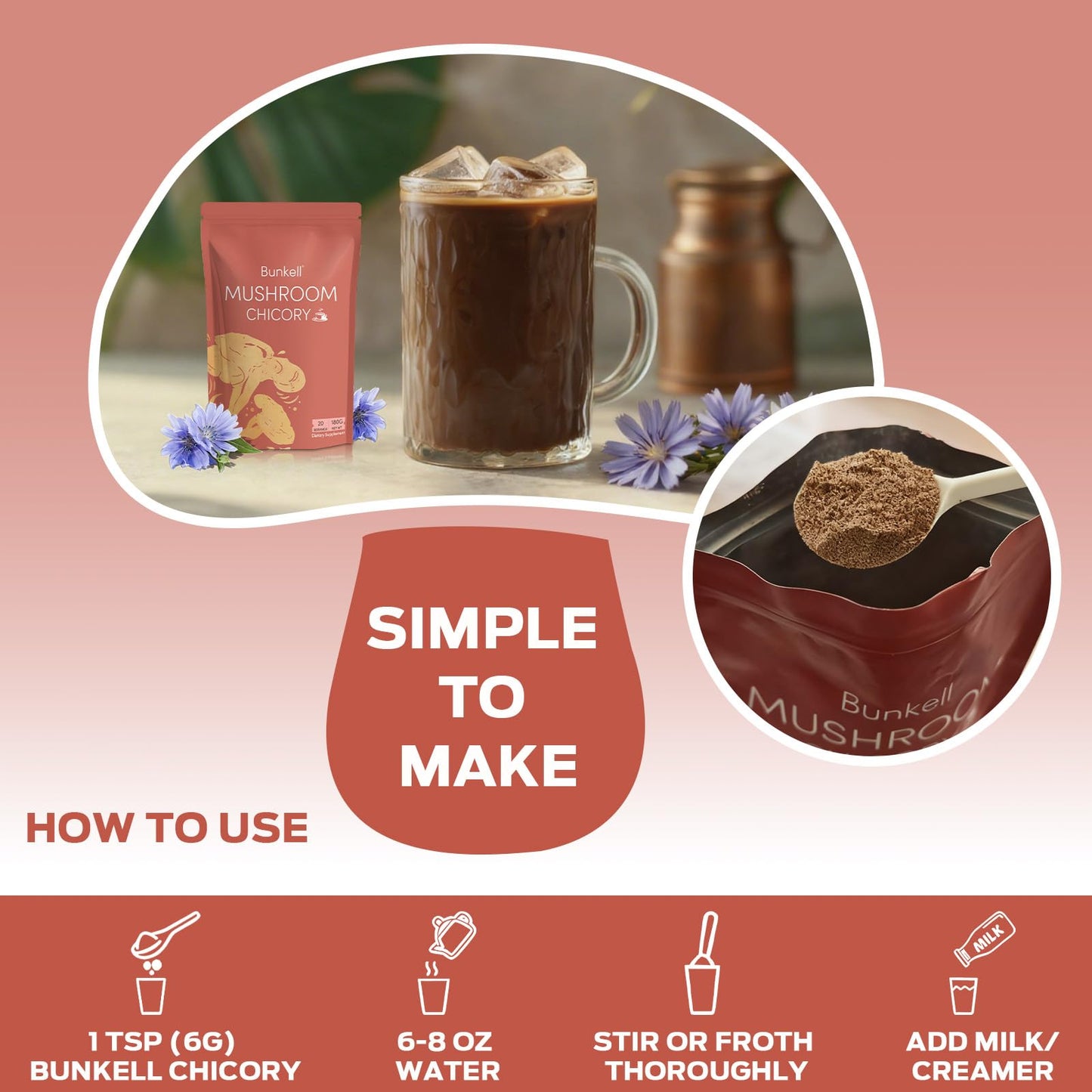 Bunkell Mushroom Chicory – Adaptogenic 6-Mushroom Powder for Energy, Digestion & Immunity