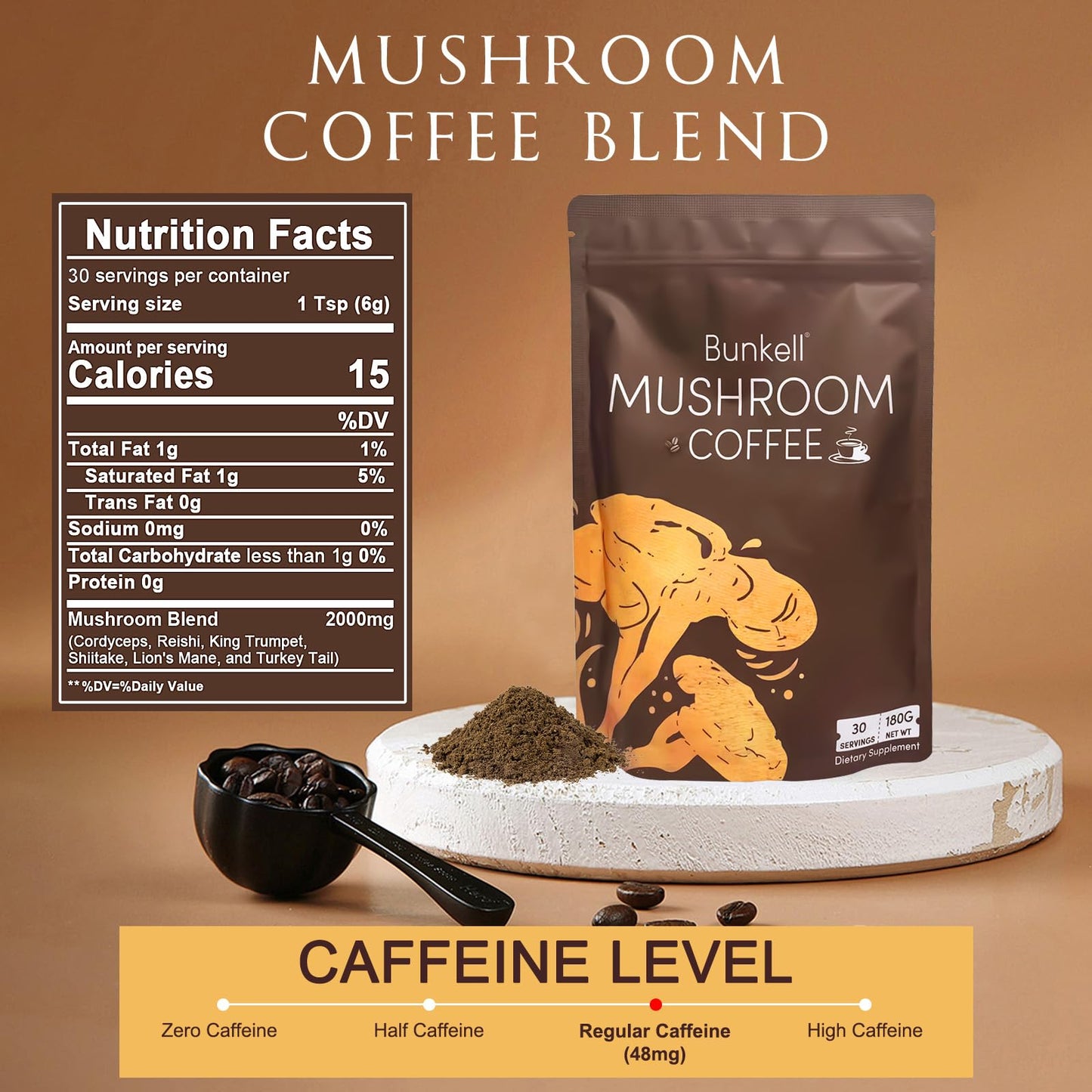 Bunkell Mushroom Coffee | Adaptogenic 6-Mushroom Blend for Energy & Immunity