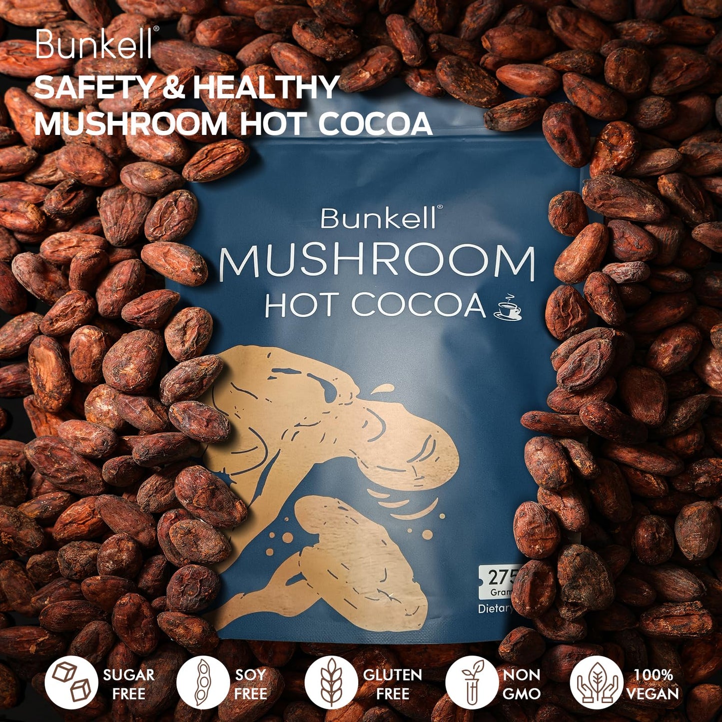 Bunkell Mushroom Hot Cocoa – Adaptogenic Reishi, L-Theanine & Melatonin | Sleep Support, 25 Servings