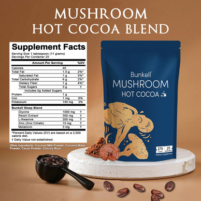 Bunkell Mushroom Hot Cocoa – Adaptogenic Reishi, L-Theanine & Melatonin | Sleep Support, 25 Servings