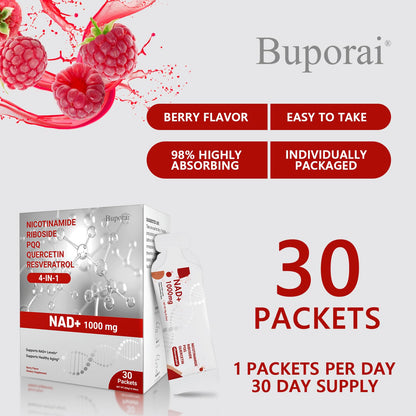Buporai NAD Supplement 1000 mg Liquid Packets – NAD+ NR with Resveratrol, PQQ & Quercetin