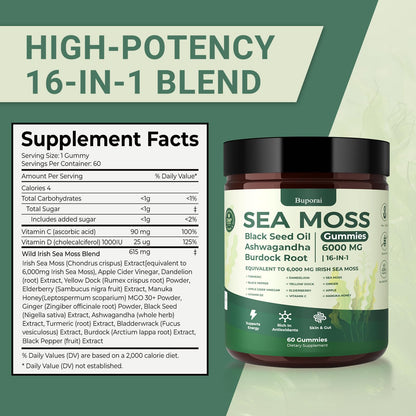 Buporai Sea Moss Gummies 16-In-1 – Bladderwrack, Ashwagandha & Turmeric | Immune Support, 60 Gummies