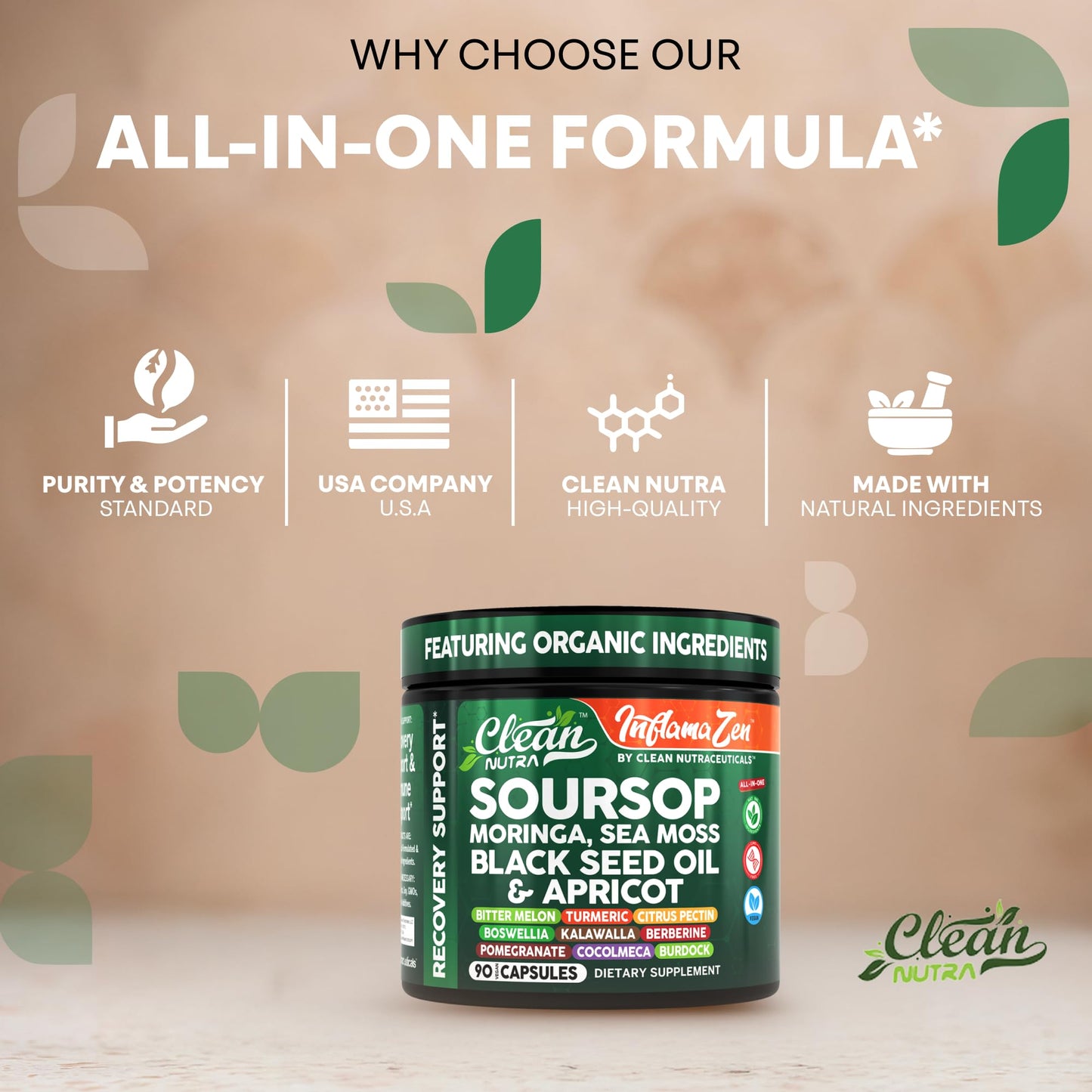 Clean Nutra Soursop Supplement with Moringa, Sea Moss & Berberine