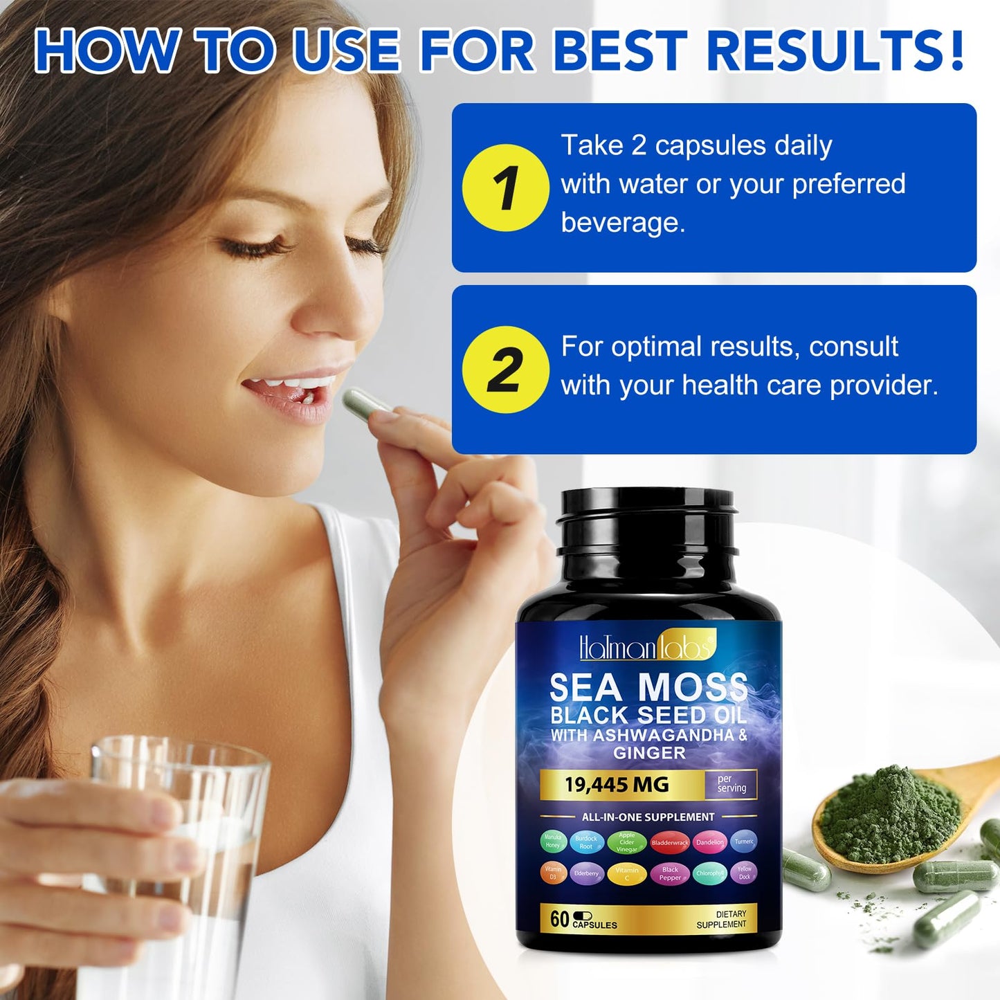 Sea Moss Black Seed Oil Ashwagandha Ginger Turmeric Capsules & Gummies – 60 Count