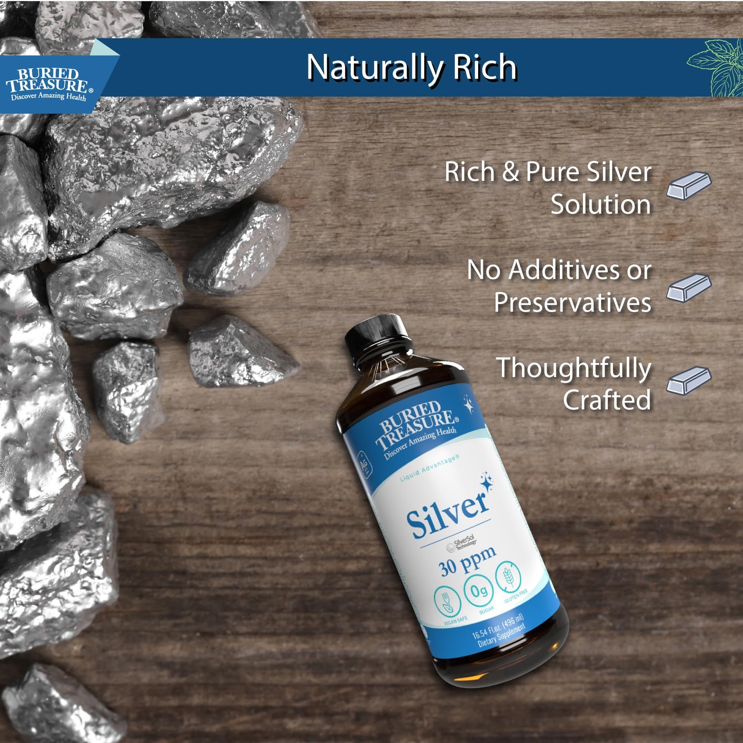 Buried Treasure Silver Liquid 30 PPM 16 oz – Immune Support & Nano Silver