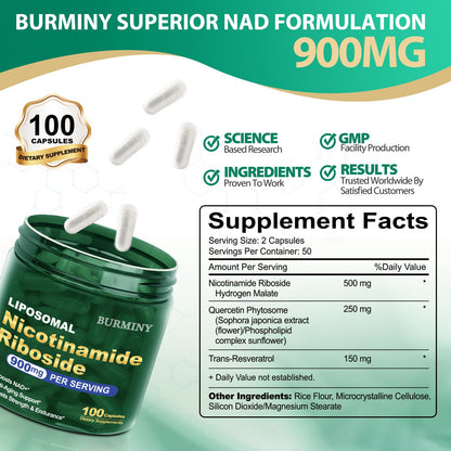 BURMINY NAD Supplement | Liposomal Nicotinamide Riboside 900mg with Resveratrol & Quercetin – 2 Pcs