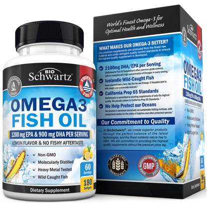 Triple Strength Omega-3 Fish Oil 2250mg EPA/DHA - Burpless Lemon, 180 Softgels
