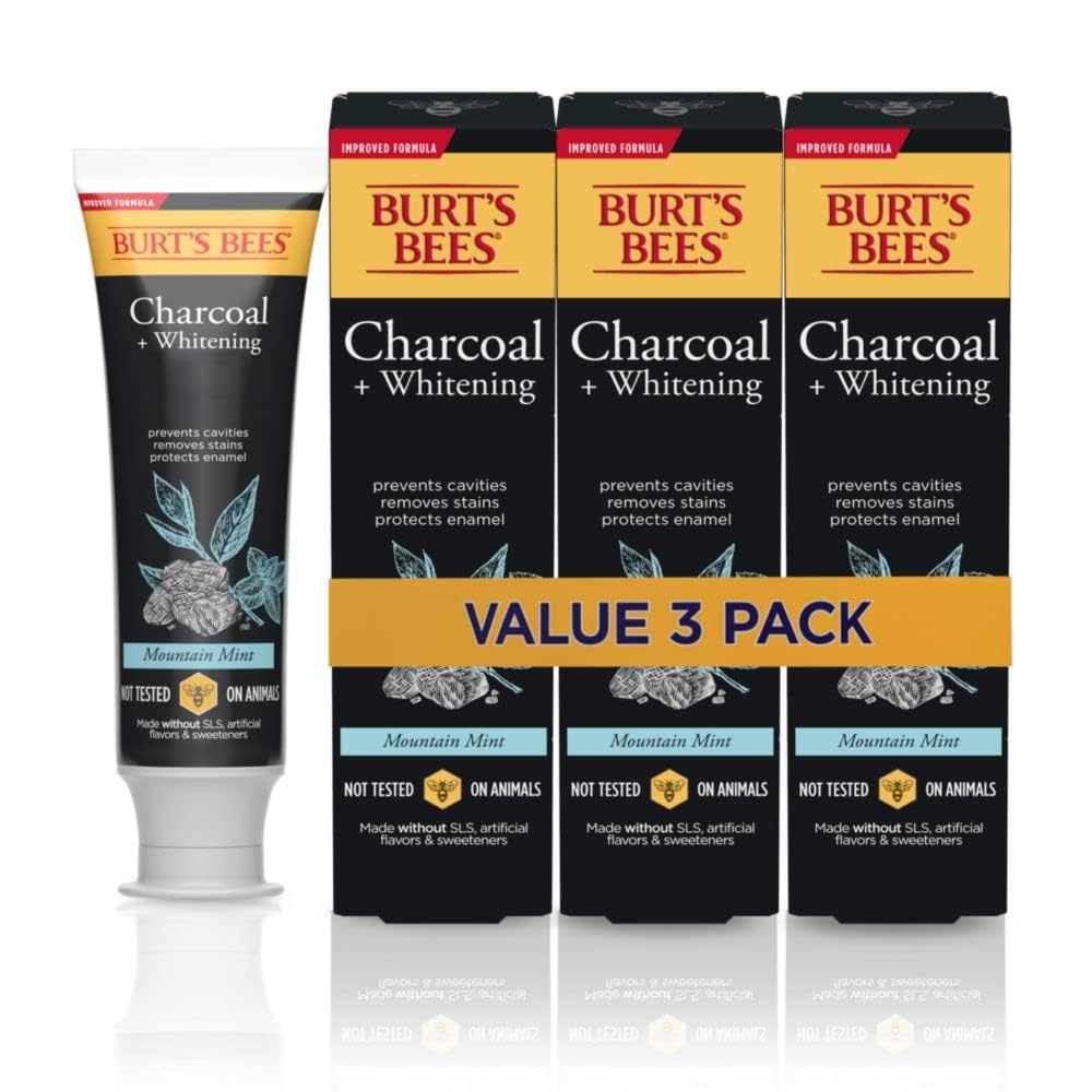 Burt's Bees Charcoal Toothpaste with Fluoride – Mountain Mint, 3 x 4.7 oz (SLS-Free, Not Tested on Animals)