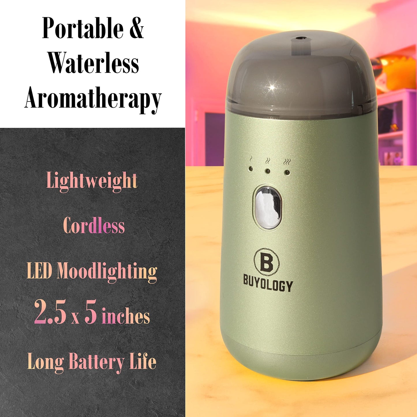 Buyology Rechargeable Car Diffuser – Waterless Nebulizing Aromatherapy (Cordless)