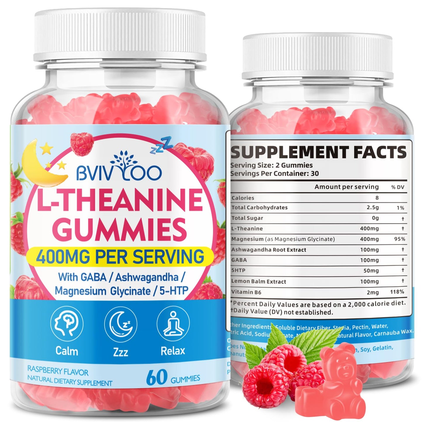 BVIVLOO L-Theanine Gummies 400 mg – Calm & Sleep (Vegan Raspberry, 60 Count)