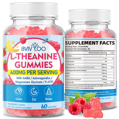 BVIVLOO L-Theanine Gummies 400 mg – Calm & Sleep (Vegan Raspberry, 60 Count)