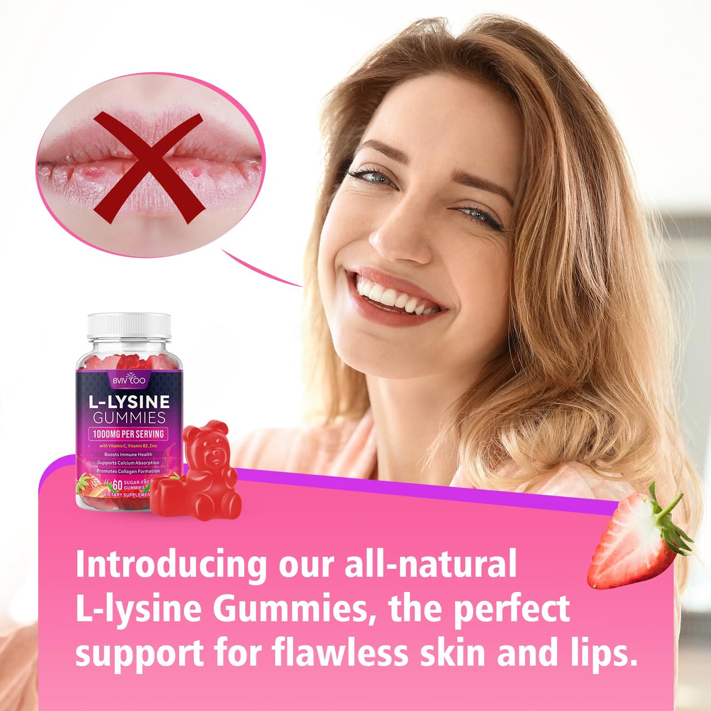 BVIVLOO L-Lysine 1000mg Gummies – Immune Support, Skin Health | Vegan, Sugar-Free