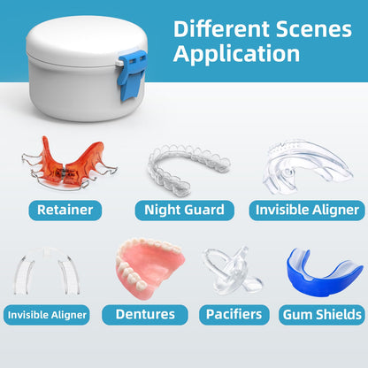 BVN Leak-Proof Denture Bath Cup for Travel – Soak Dentures & Retainer Case (White/Blue)