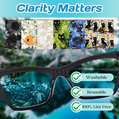 Cabreche 6 PCS Glasses Cleaning Cloths – Microfiber Eyeglass Lens Wipes, Reusable Soft Cloths (6.3 x 6.3 inches), Sunflower Black Cat Pattern
