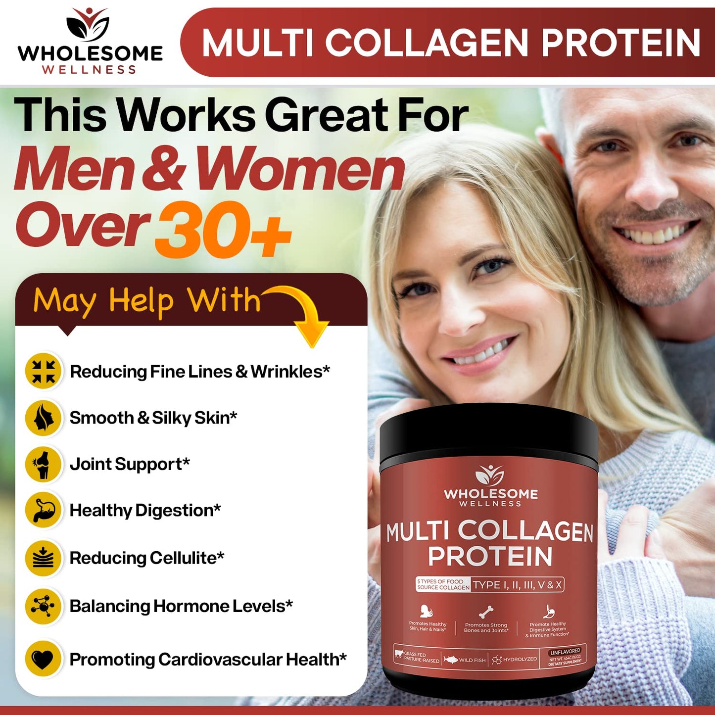 Wholesome Wellness Multi Collagen Powder – Grass-Fed Type I II III V X