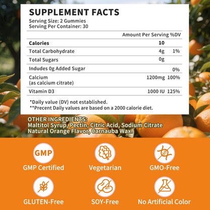 (2 Pack) Calcium Citrate 1200mg + Vitamin D3 Gummies – Vegan, Sugar-Free, Orange