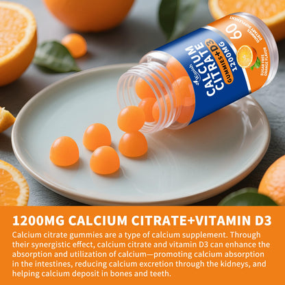 (2 Pack) Calcium Citrate 1200mg + Vitamin D3 Gummies – Vegan, Sugar-Free, Orange