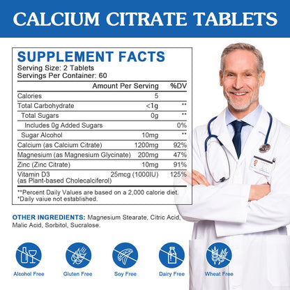 Calcium Citrate 1200mg with Vitamin D3 | Vegan Calcium Magnesium Zinc for Bone & Immune Support – 120 Tablets