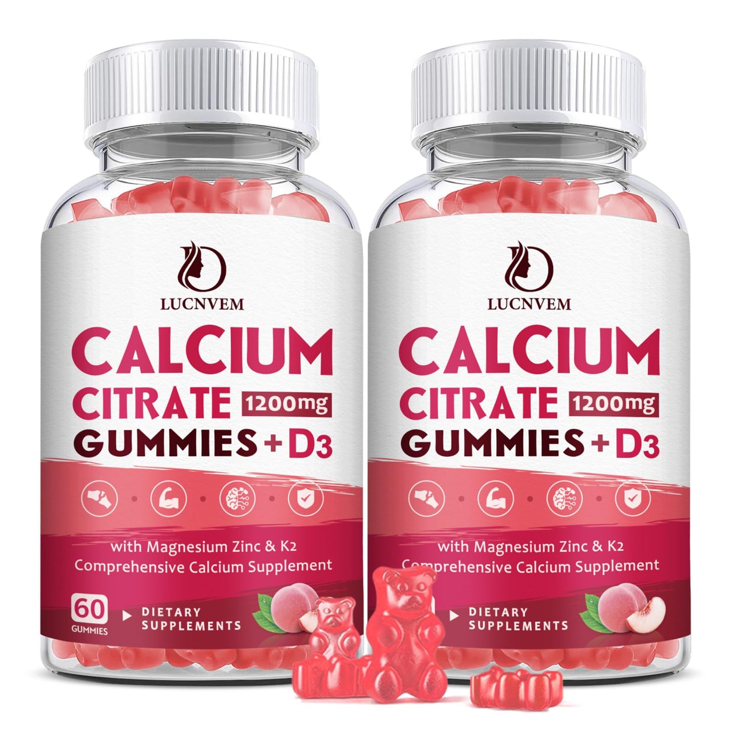 (2 Pack) Calcium Citrate 1200mg Gummies with Vitamin D3 & K2 – Peach Flavor