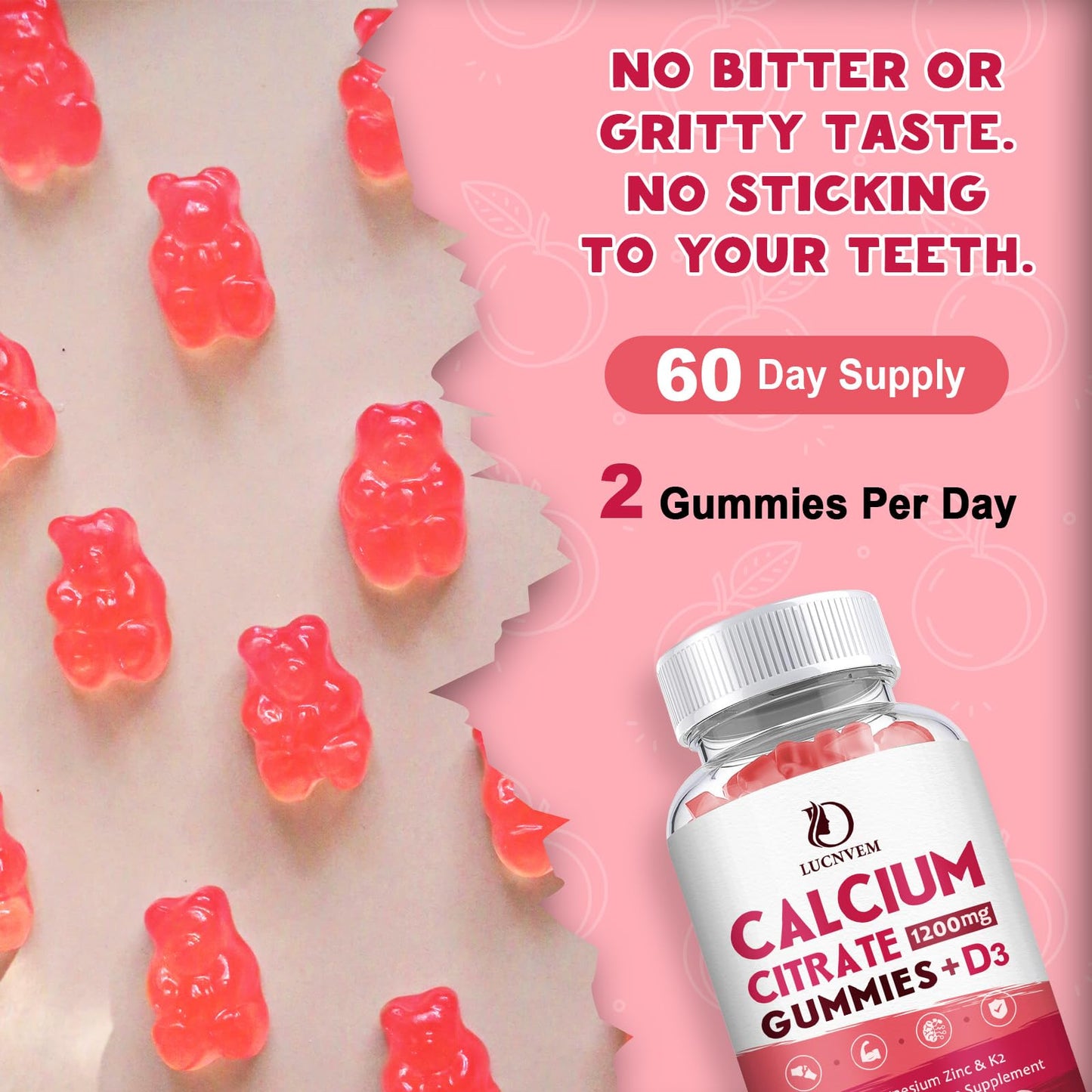 (2 Pack) Calcium Citrate 1200mg Gummies with Vitamin D3 & K2 – Peach Flavor