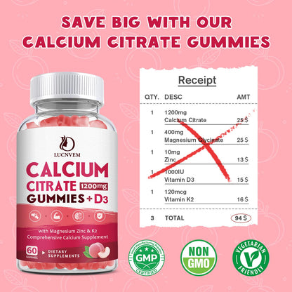 (2 Pack) Calcium Citrate 1200mg Gummies with Vitamin D3 & K2 – Peach Flavor