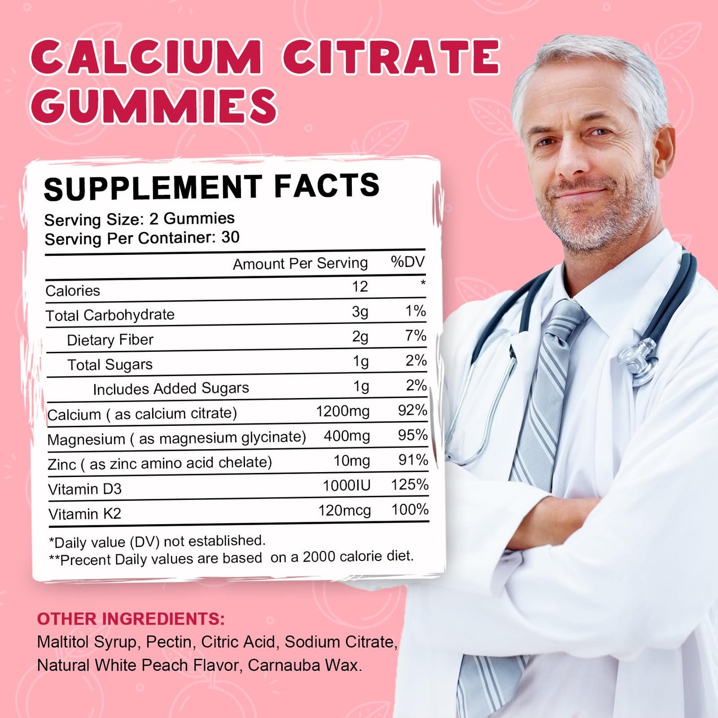 (2 Pack) Calcium Citrate 1200mg Gummies with Vitamin D3 & K2 – Peach Flavor