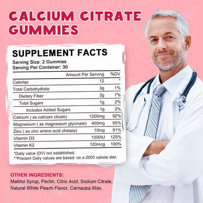 (2 Pack) Calcium Citrate 1200mg Gummies with Vitamin D3 & K2 – Peach Flavor