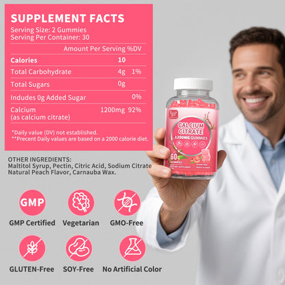 2 Pack Calcium Citrate 1200 mg Gummies – High Absorption, Sugar Free, Vegan, Peach Flavor