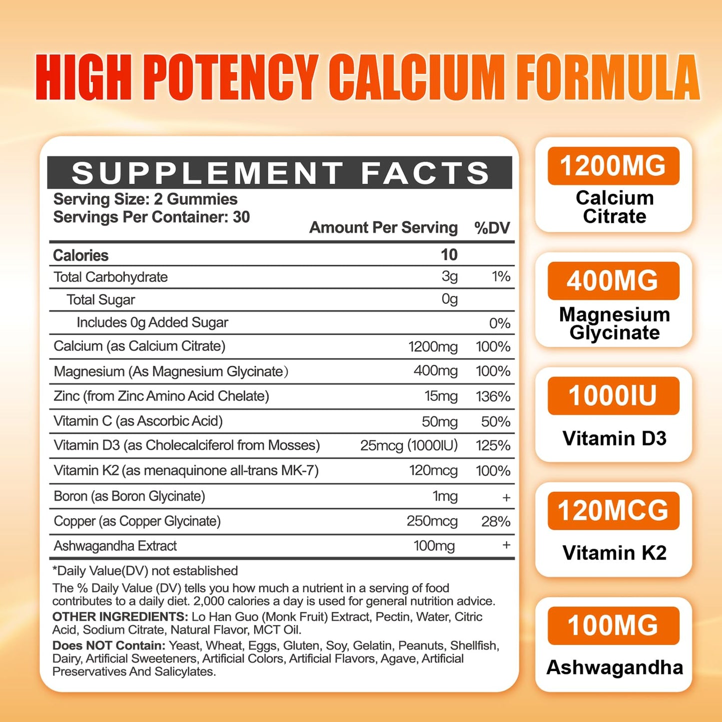 Calcium 1200 mg Gummies with Vitamin D3 – Calcium Citrate, K2 & Ashwagandha