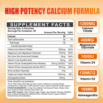 Calcium 1200 mg Gummies with Vitamin D3 – Calcium Citrate, K2 & Ashwagandha